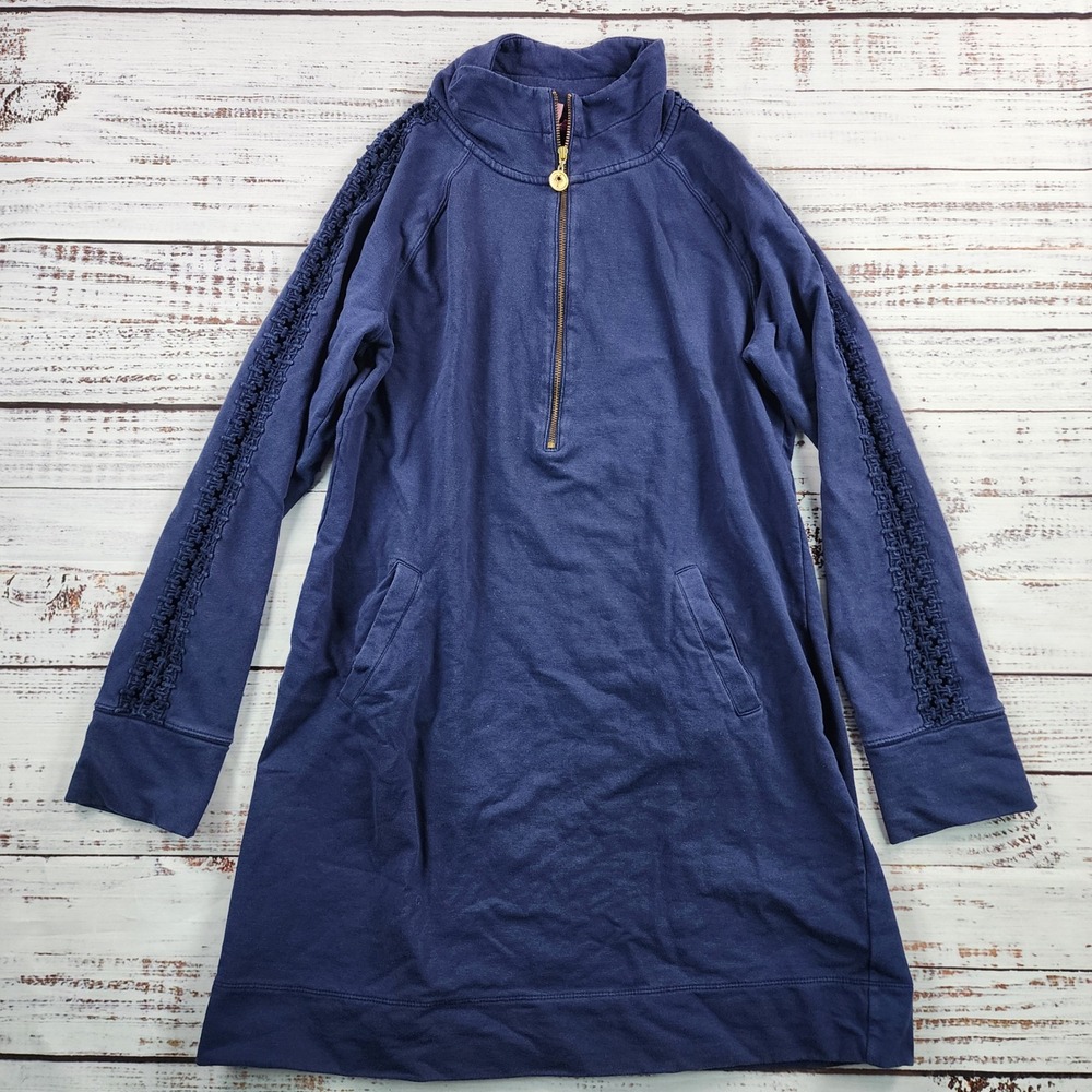 Lilly Pulitzer Skipper Solid Popover Dress Women M Navy Blue Quarter Zip Lace